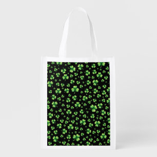 St. Patrick’s Day Watercolor Shamrock on black Grocery Bag