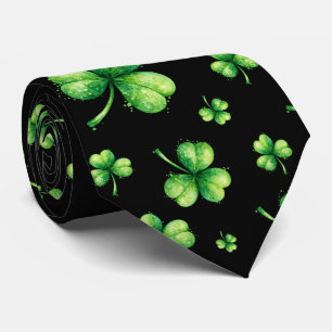 St. Patrick’s Day Watercolor Shamrock on black Neck Tie