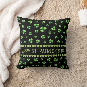 St. Patrick’s Day Watercolor Shamrock on black Throw Pillow