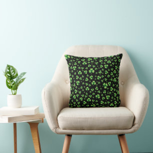 St. Patrick’s Day Watercolor Shamrock on black Throw Pillow