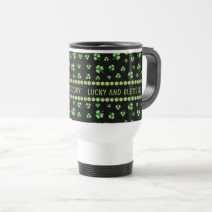 St. Patrick’s Day Watercolor Shamrock on black Travel Mug
