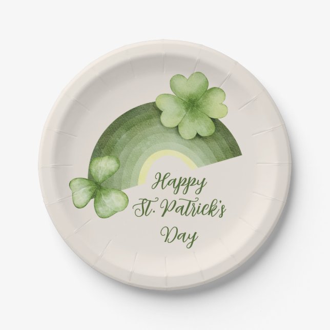 St. Patrick’s Day – Watercolor Shamrock Rainbow Paper Plates (Front)