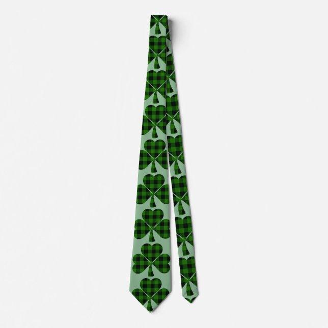 St. Patrick’s green clover black plaid shamrocks Neck Tie (Front)
