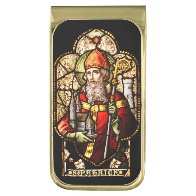 St Patrick Stained Glass Gold Finish Money Clip (Front Vertical)