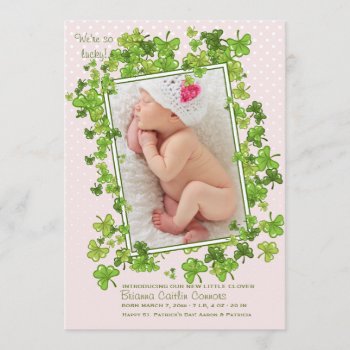 St. Patrick's Baby Girl Photo Birth Announcement by CottonLamb at Zazzle