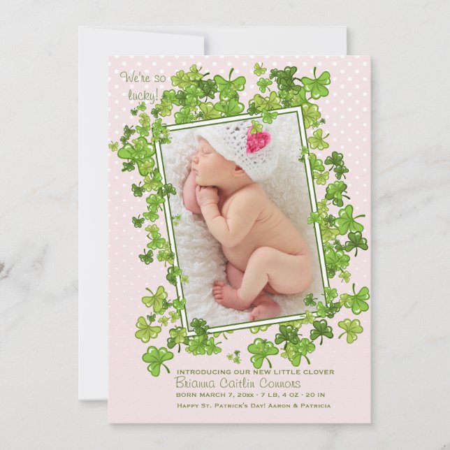 St. Patrick's Baby Girl Photo Birth Announcement (Front)