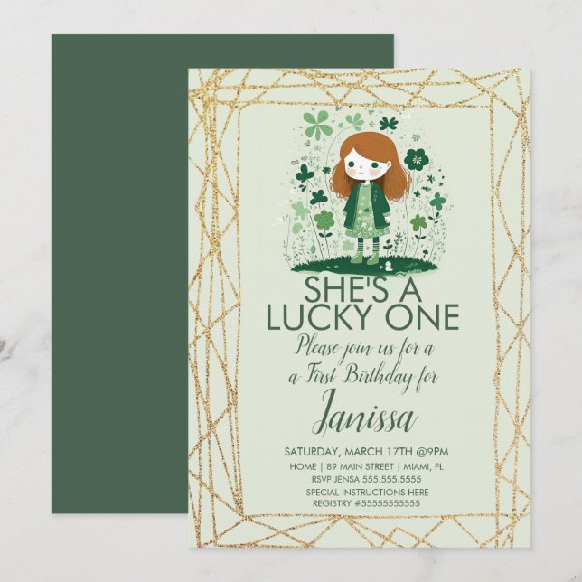 St. Patricks Birthday Girl Shamrock Glitter Frame Invitation (Front/Back)
