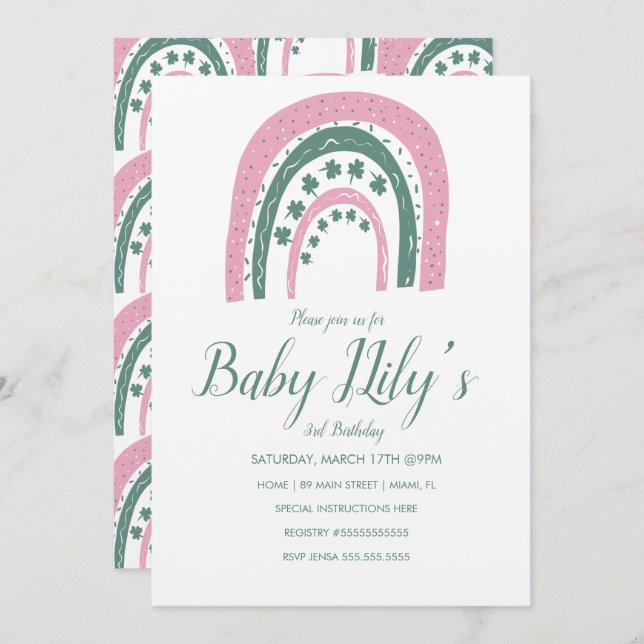 St. Patricks Birthday Rainbow Hand Drawn Pink Invi Invitation (Front/Back)