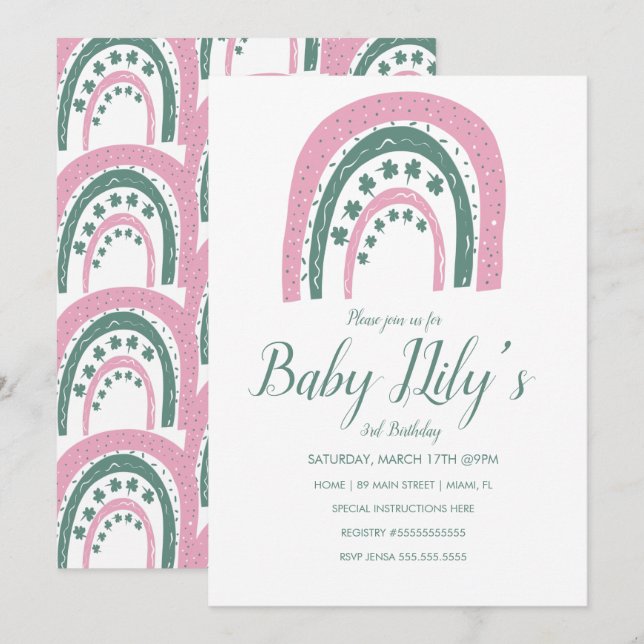 St. Patricks Birthday Rainbow Hand Drawn Pink Invitation (Front/Back)