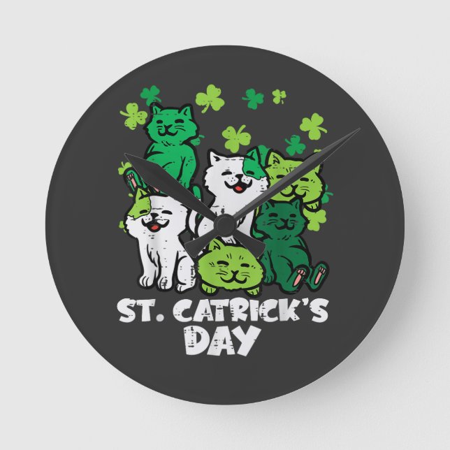 St Patricks Catricks Day Cats Saint Pattys Round Clock (Front)