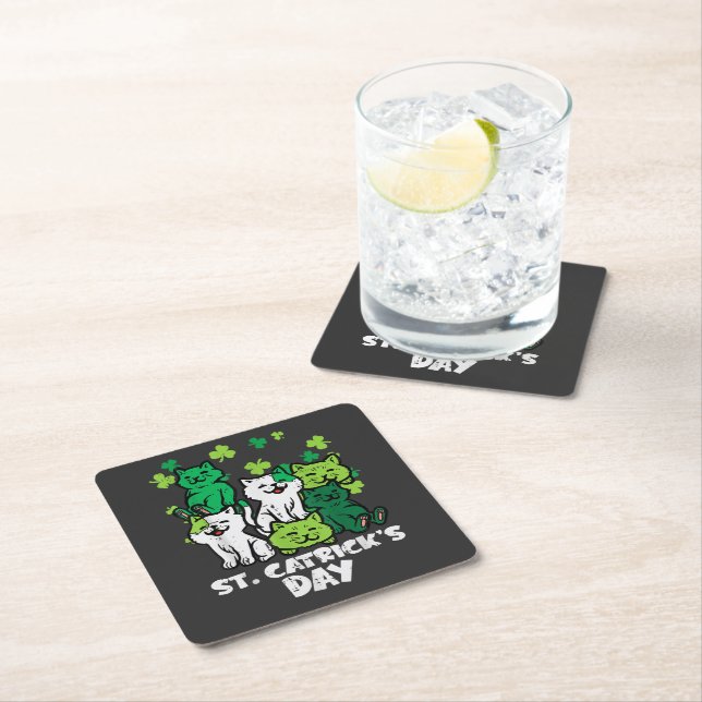 St Patricks Catricks Day Cats Saint Pattys Square Paper Coaster (Insitu)