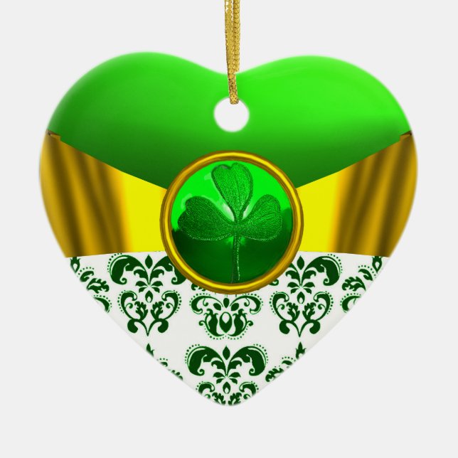 ST PATRICK'S CELTIC HEART GOLD GREEN SHAMROCK CERAMIC ORNAMENT (Front)