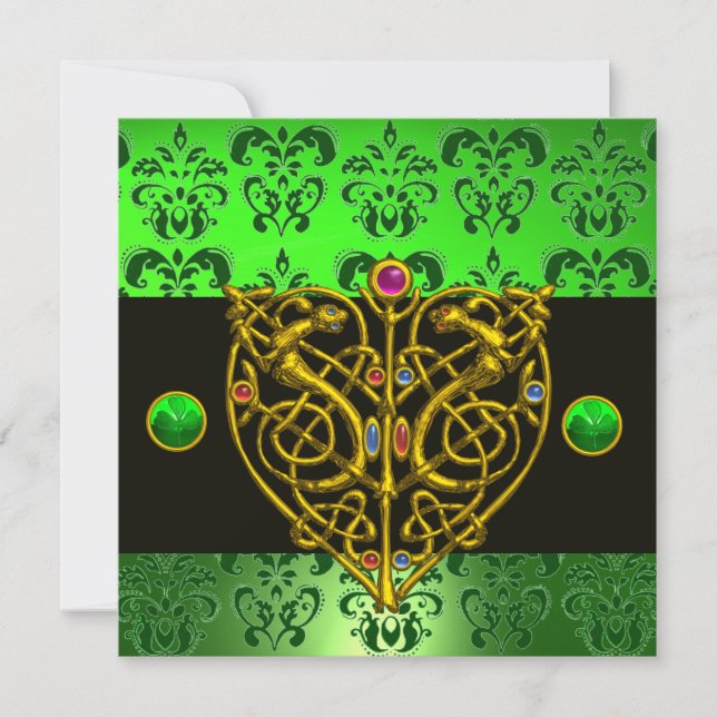ST. PATRICK'S CELTIC HEART Green Damask Invitation (Front)