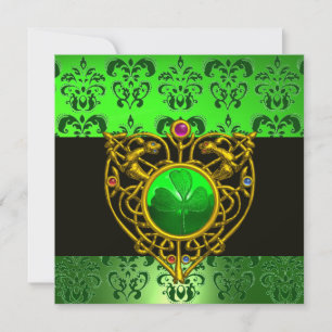 ST. PATRICK'S CELTIC HEART Green Damask Monogram Invitation