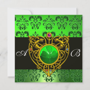 ST. PATRICK'S CELTIC HEART Green Damask Monogram Invitation