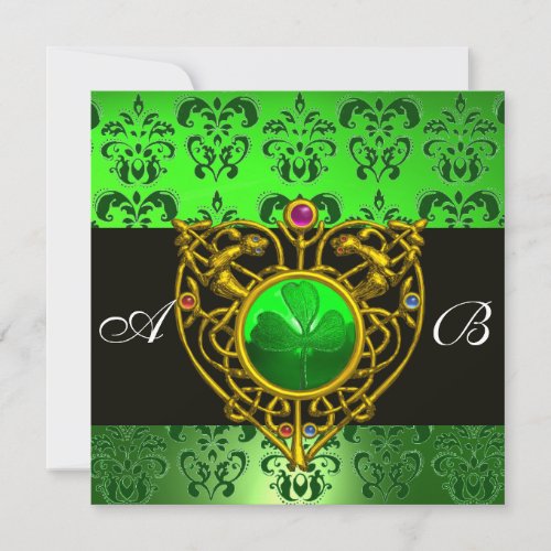 ST PATRICKS CELTIC HEART Green Damask Monogram Invitation