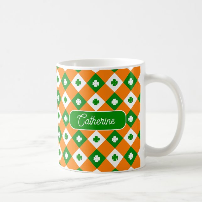 St Patrick's Clover Green Orange Plaid Name Coffee Mug (Right)