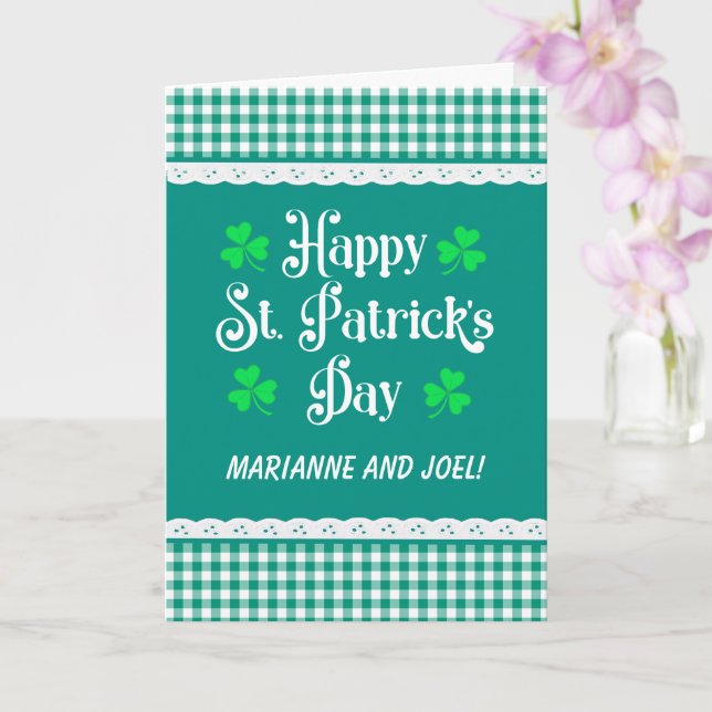 St Patrick's Custom Name Shamrocks Green Checks Card (Orchid)