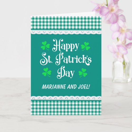 St Patricks Custom Name Shamrocks Green Checks Card