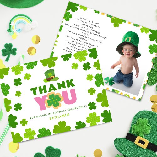 St Patricks Day 1st Birthday Clover Custom Photo Thank You Card