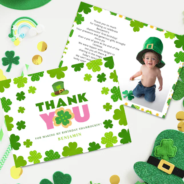 St. Patrick's Day 1st Birthday Clover Custom Photo Thank You Card | Zazzle