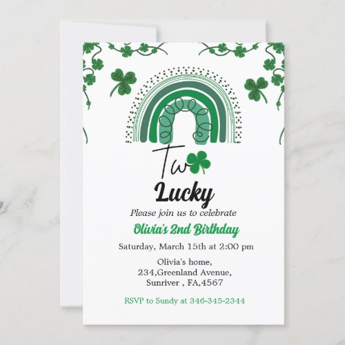 St Patricks day 2nd birthday party two lucky Invitation