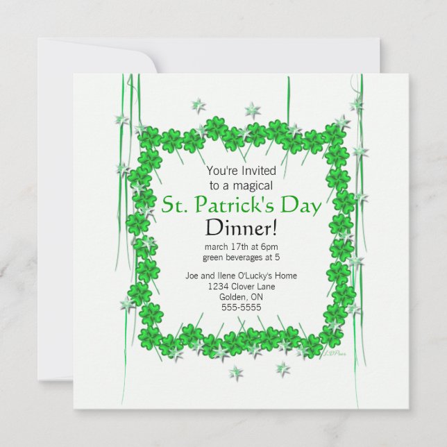 St. Patrick's Day 4-Leaf Clover and Stars Invitation (Front)
