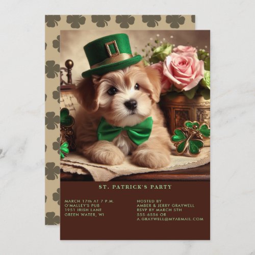 St Patricks Day Adorable Fluffy Puppy Green Hat Invitation