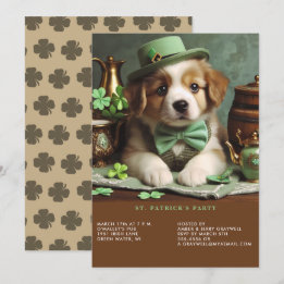 St Patrick's Day Adorable Puppy Green Hat Bow Tie Invitation