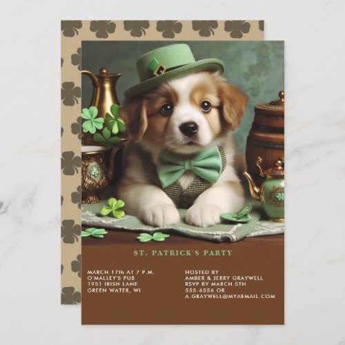 St Patricks Day Adorable Puppy Green Hat Bow Tie Invitation