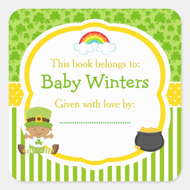 St Patrick's Day African American Boy Baby Shower Square Sticker (Front)