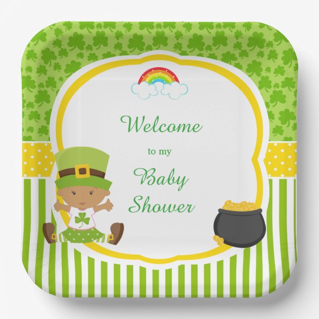 St Patrick's Day African American Girl Baby Shower Paper Plates (Front)