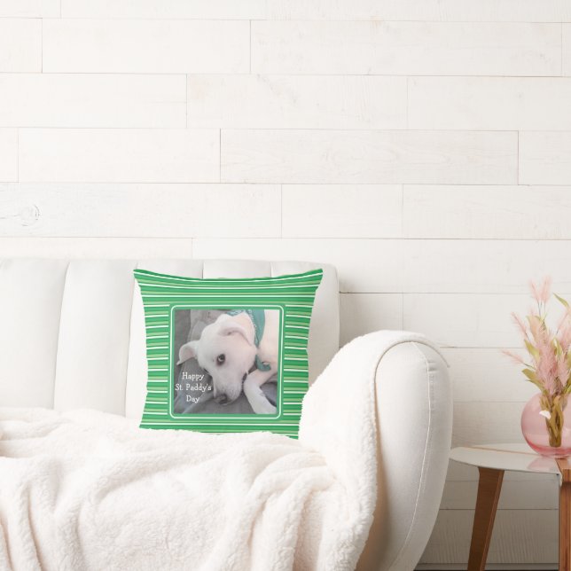 St Patricks Day Assorted Green Stripes Cute Dog Throw Pillow (Couch)