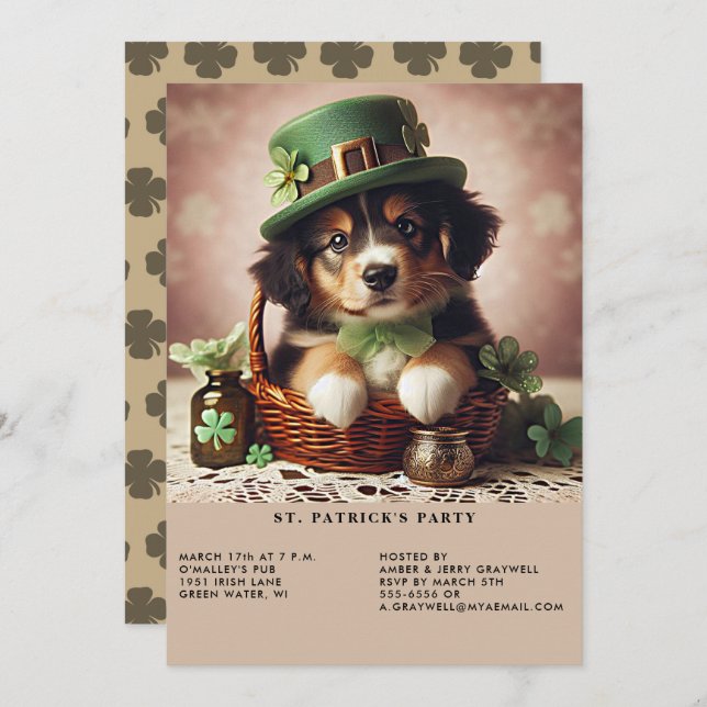St Patrick's Day Australian Shepherd Puppy Invitation (Front/Back)
