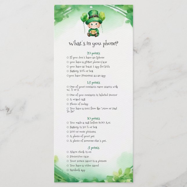 St. Patrick's Day babyshower game card (Front)