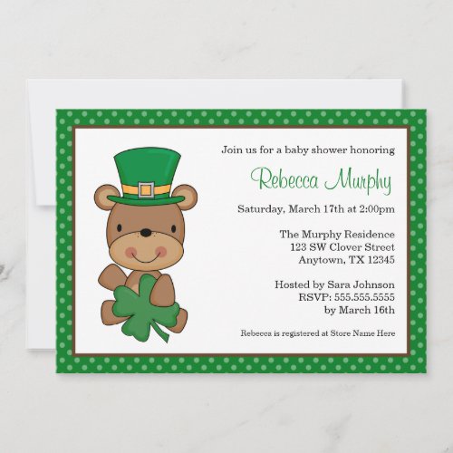 St Patricks Day Bear Clover Baby Shower Invitation