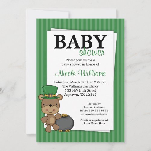 St Patricks Day Bear Pot Of Gold Baby Shower Invitation