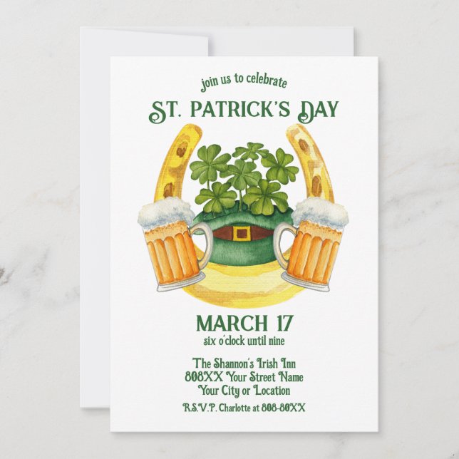 St. Patrick's Day Beer Mugs and Lucky Horseshoe Invitation (Front)