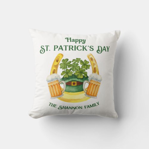 St Patricks Day Beer Mugs and Lucky Horseshoe Throw Pillow