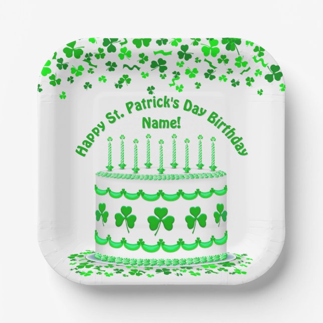 St Patrick's Day Birthday Cake Custom Candles Paper Plates (Front)