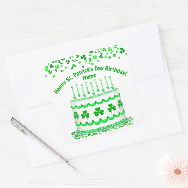 St Patrick's Day Birthday Cake Custom Candles Square Sticker (Envelope)