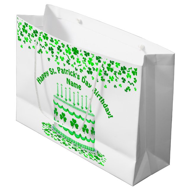St Patrick's Day Birthday Cake Customizable Candle Large Gift Bag (Front Angled)
