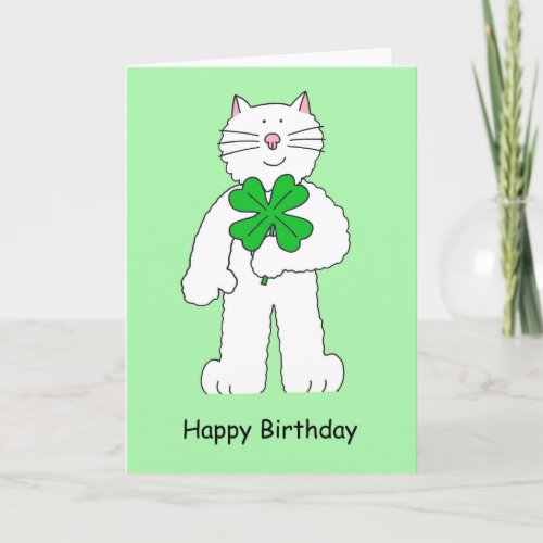 St Patricks Day Birthday Cat With Shamrock Card