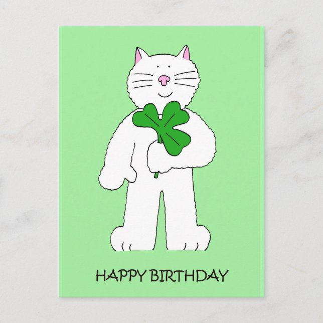 St Patrick's Day Birthday Cat With Shamrock Postcard (Front)