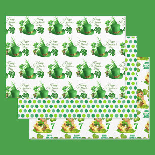 St. Patrick's Day Birthday Custom Name & Age 3 Wrapping Paper Sheets