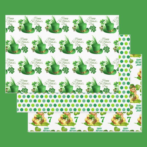 St Patricks Day Birthday Custom Name  Age 3 Wrapping Paper Sheets