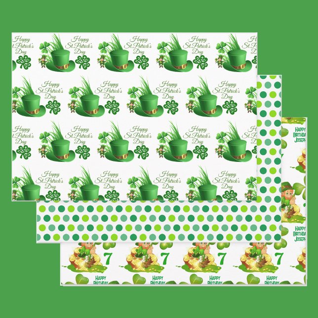 St. Patrick's Day Birthday Custom Name & Age 3 Wrapping Paper Sheets (Creator Uploaded)