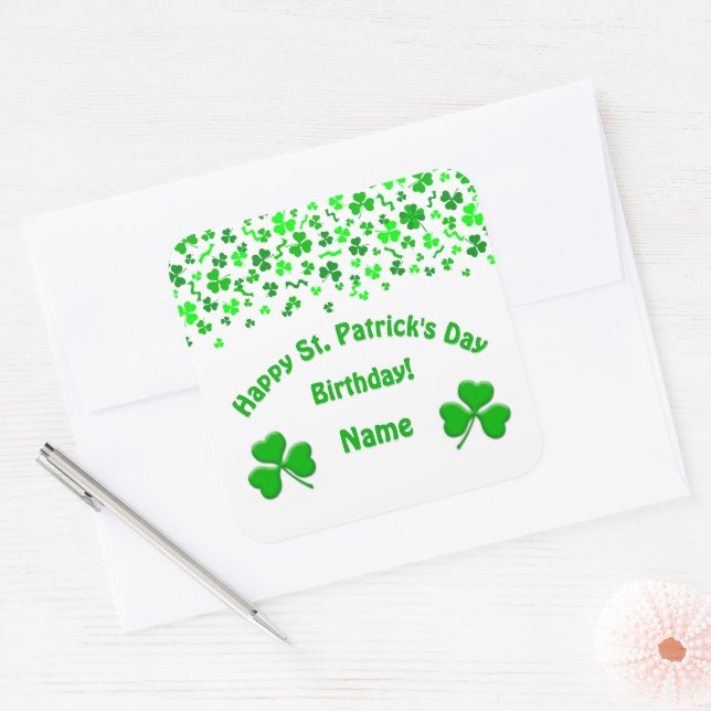 St Patrick's Day Birthday Green Shamrocks Confetti Square Sticker (Envelope)