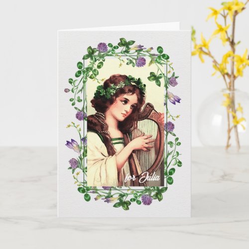 St Patricks Day Birthday Irish Girl with Harp Card