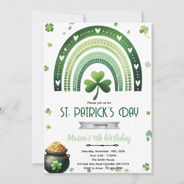 St. Patrick's Day Birthday party invitation (Front)
